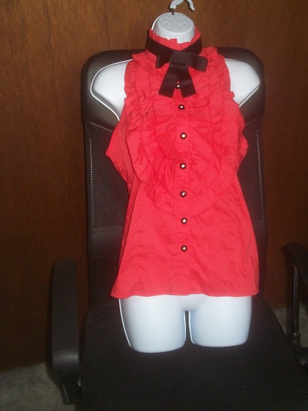womens red blouse.tuxedo style. detachable bow tie.size large